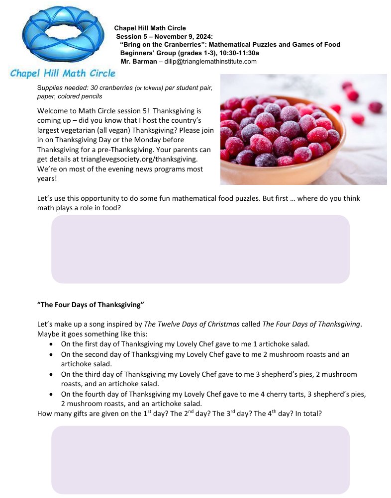dbarman's tweet image. I have my next #mathCircle @MathCircleNet lesson planned for tomorrow at @UNC chapelhillmathcircle.org on #Thanksgiving incl mention of #tvsThanksgiving trianglevegsociety.org/thanksgiving - fun 1st-3rd grade #mathisfun activities incl a game I made up last night. #mtbos #iteachmath