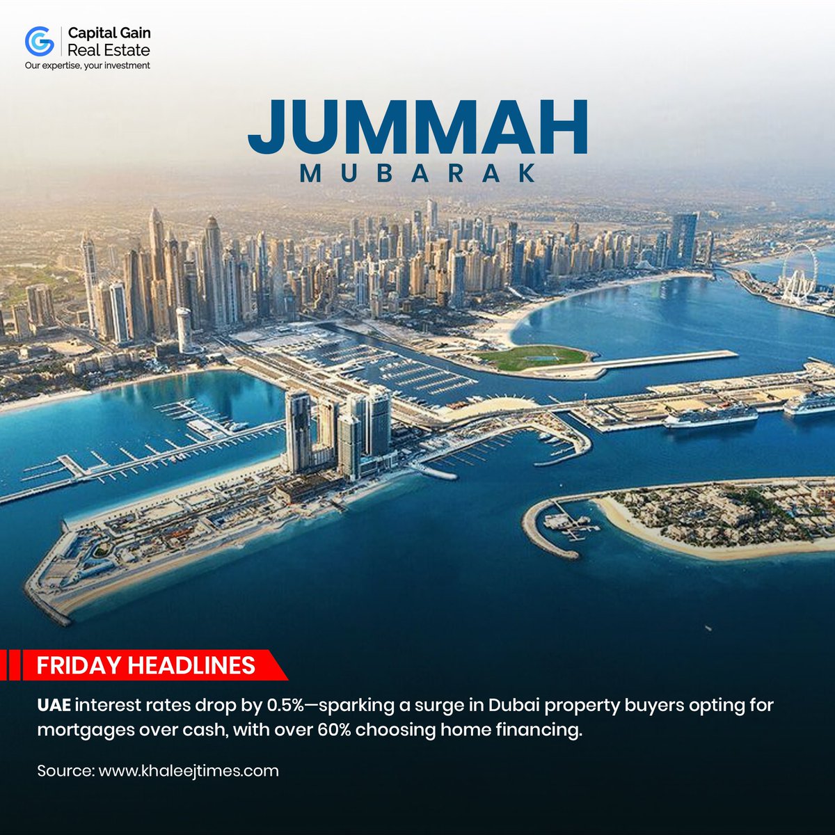 CapitalGainUAE's tweet photo. ✨ Jummah Mubarak! ✨
Good news for property buyers! UAE interest rates dropped by 0.5%, leading more buyers to opt for mortgages over cash. With over 60% choosing home financing,now is the time to explore your property options in Dubai!
📞 +971 52 640 4987
#CapitalGainRealEstate https://t.co/u0aLLx3bOU