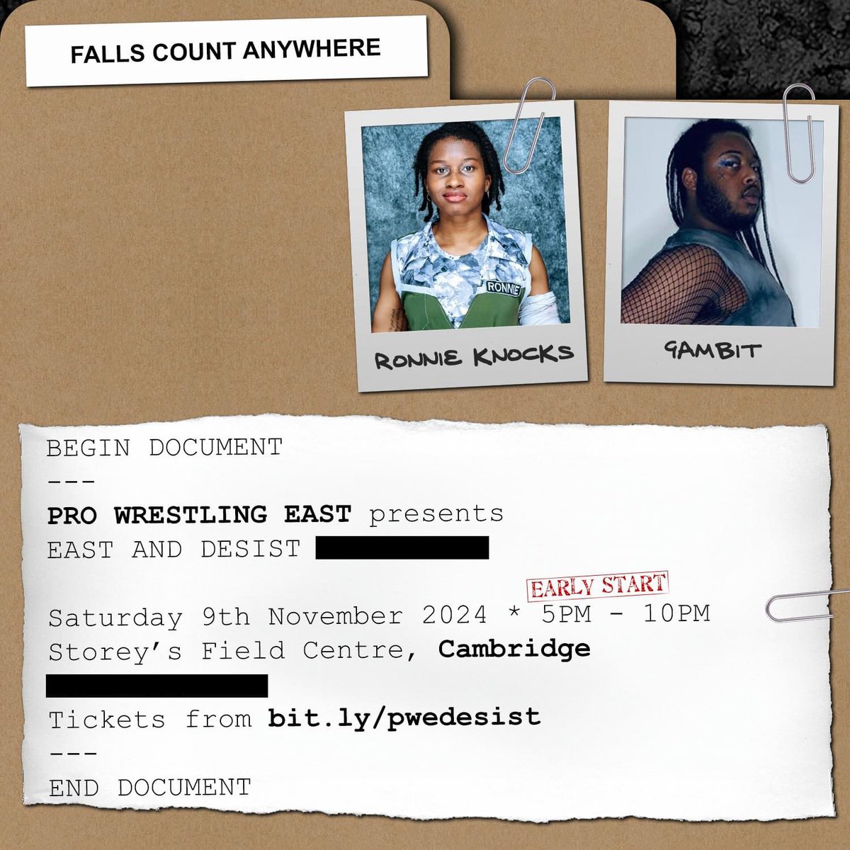 Joe Scott (@joescottmfc) on Twitter photo Tomorrow <a href="/ProWrestleEAST/">Pro Wrestling EAST</a> at <a href="/storeysfield/">Storey's Field Centre</a> in Cambridge
Falls Count Anywhere Match
<a href="/RonnieKnocks/">Ronnie Knocks</a> v <a href="/GambitPW/">Gambit💜🔥</a> Tomorrow <a href="/ProWrestleEAST/">Pro Wrestling EAST</a> at <a href="/storeysfield/">Storey's Field Centre</a> in Cambridge
Falls Count Anywhere Match
<a href="/RonnieKnocks/">Ronnie Knocks</a> v <a href="/GambitPW/">Gambit💜🔥</a>