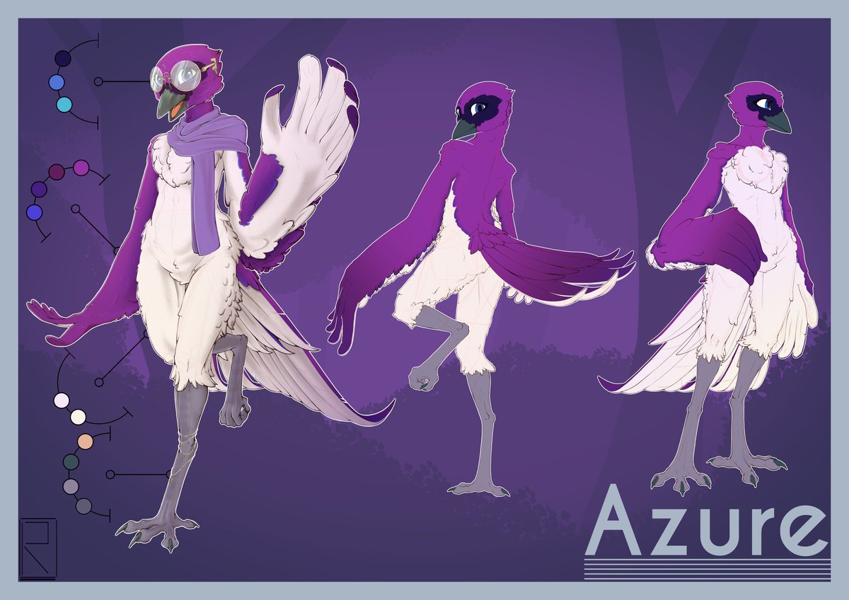 LeRenard_draw's tweet photo. Commission ref sheet for Azure the Violet-backed starling. https://t.co/XGvm0F3xbl