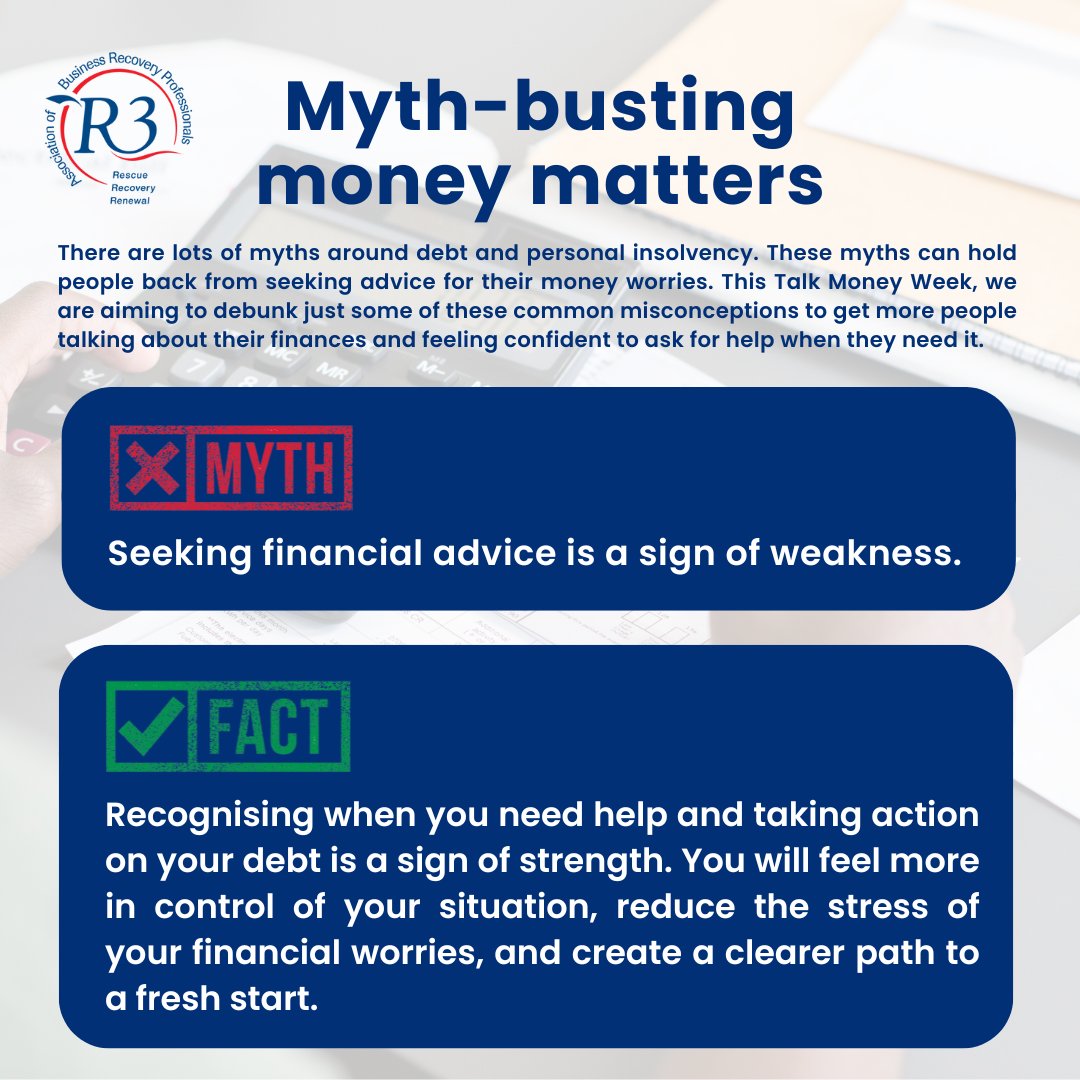 Some people believe that speaking to a professional about their debt is a sign of weakness. This is just one personal insolvency myth that prevents people from seeking the help they need. #TalkMoney

You can read more about personal insolvency myths here: r3.org.uk/press-policy-a…