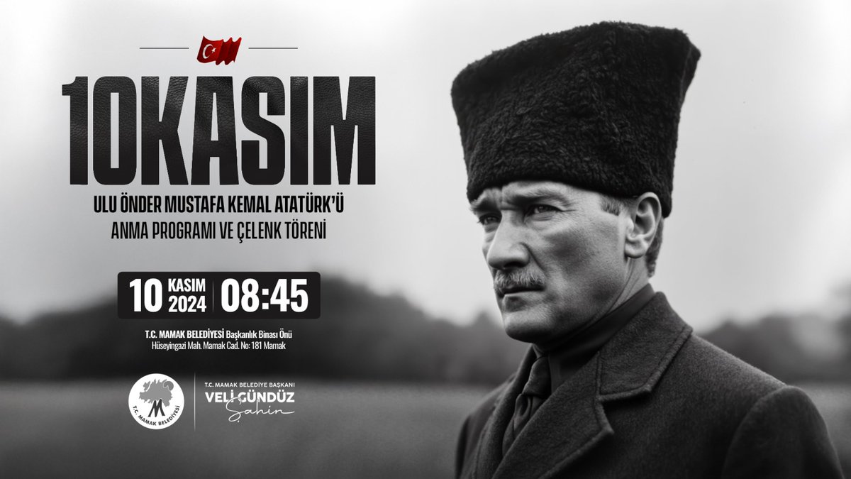 Ulu Önderimiz Mustafa Kemal Atatürk’ü anıyoruz. 86 yıldır Atamızın izinde, onun ilkeleriyle özlem ve sevgiyle 🇹🇷

10 Kasım’da, saat 08:45’te, Mamak Belediyesi Başkanlık Binası önünde düzenlenecek anma programı ve çelenk törenimize tüm halkımız davetlidir.

📅 10 Kasım 2024
⏰