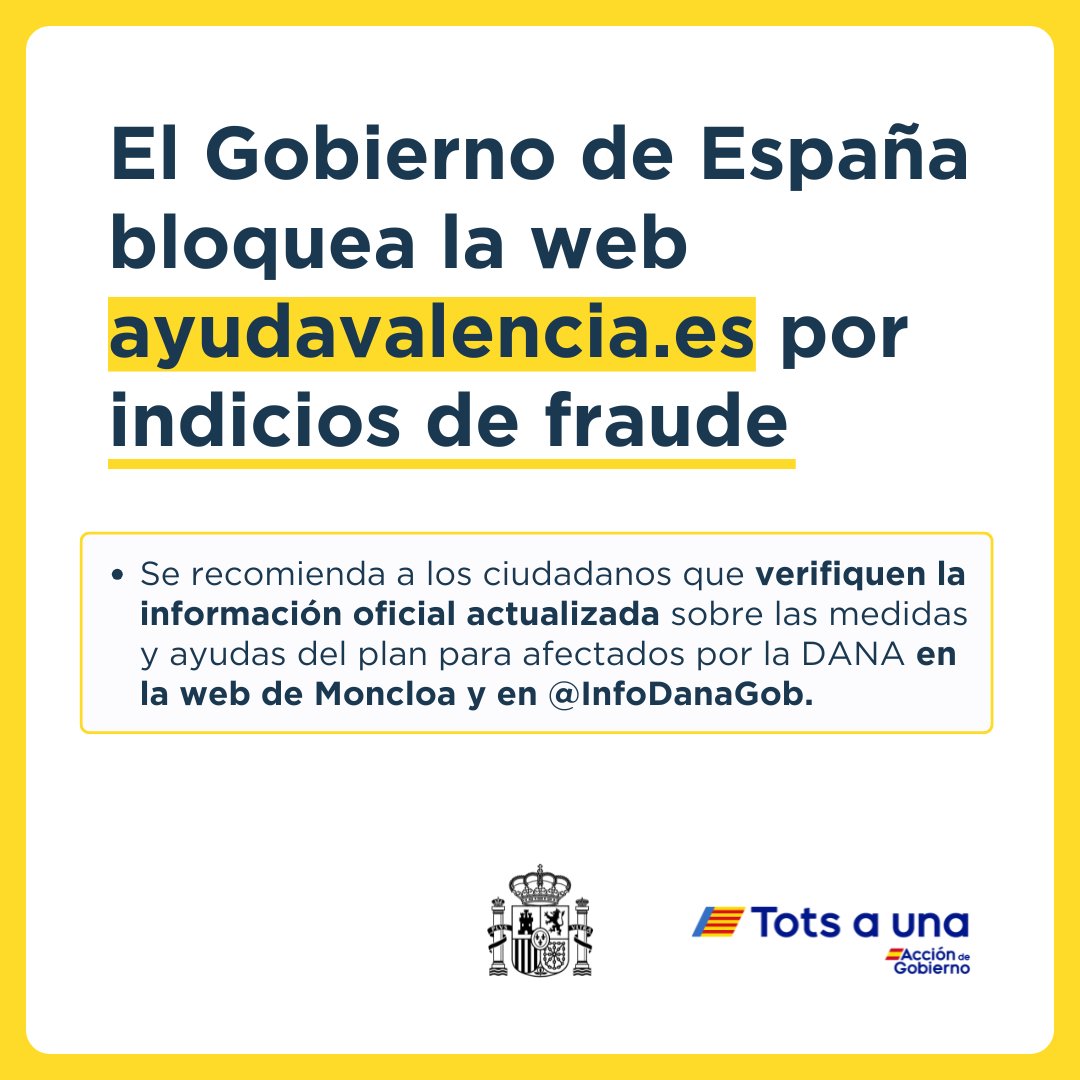 🚫 El Gobierno de España bloquea la web ayudavalencia.es por indicios de fraude.

<a href="/redpuntoes/">Red.es</a> suspende la actividad del dominio tras recibir una denuncia sobre peticiones fraudulentas de donaciones a través de criptomonedas.

🔗 digital.gob.es/dam/es/portalm…