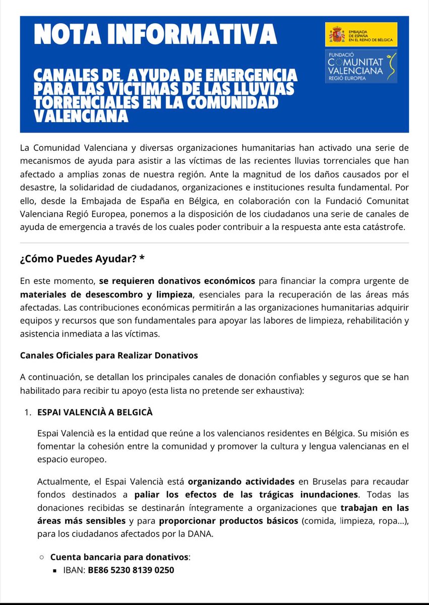 EmbEspBelgica's tweet photo. CANALES DE AYUDA DANA https://t.co/TsNUpBVpw8