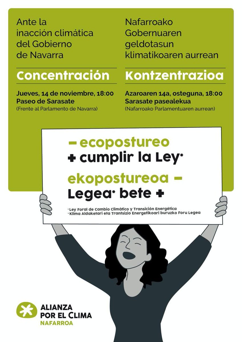 Justo fue el 29 de octubre cuando desde Alianza por el Clima registramos la demanda al Gobierno de Navarra por inacción climática. 

¿Por qué? Rafa Alday de <a href="/ekologistak/">Ekologistak Martxan</a> lo explica muy bien en este artículo.

Concentración
Jueves 14, 18h
Sarasate

noticiasdenavarra.com/opinion/tribun…