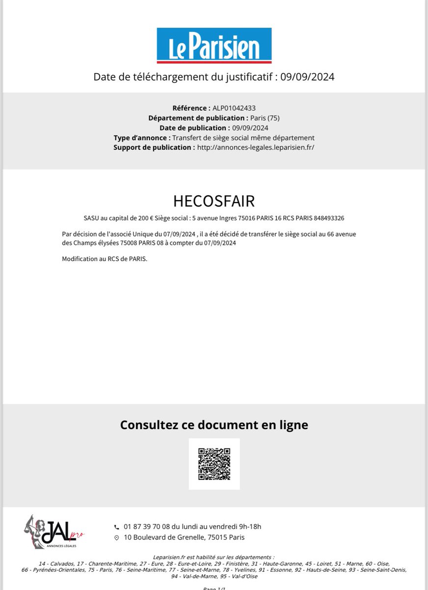 🙏 La société HECOSFAIR EXISTE. Le siège a juste changé d’adresse. C’est pour cela que c’est écrit « radiée » sur le net. Il est désormais sur les champs dans le 8e et non plus dans le 16e à Paris. C’est juste que les démarches administratives sont un peu longues… Merci 🙏