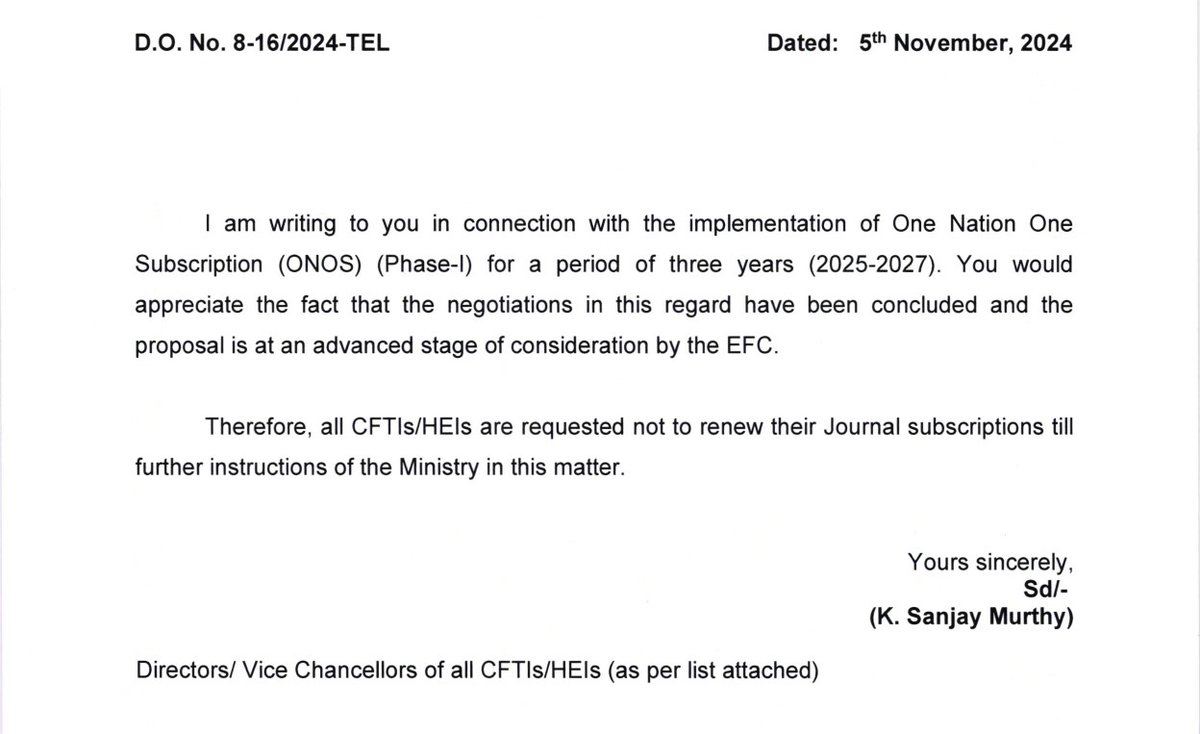 Delighted to see that the One Nation One Subscription ( ONOS) Policy is coming up. I congratulate the present Government to bring this to our Nation. <a href="/PMOIndia/">PMO India</a> <a href="/EduMinOfIndia/">Ministry of Education</a> <a href="/IndiaDST/">DSTIndia</a>