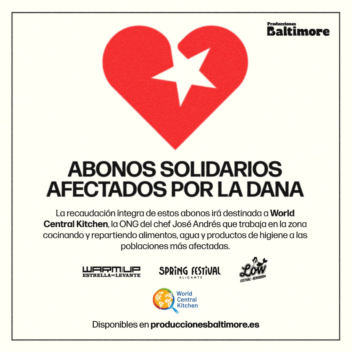ProdsBaltimore's tweet photo. Desde Producciones Baltimore hemos decidido crear nuestra propia iniciativa para colaborar con los afectados por el paso de la DANA y acabamos de lanzar un cupo de abonos solidarios para las ediciones de 2025 de @WARMupfestival
@SpringAlc y @LowFestival 

(Sigue tweet) https://t.co/6Ul1g0jKOY