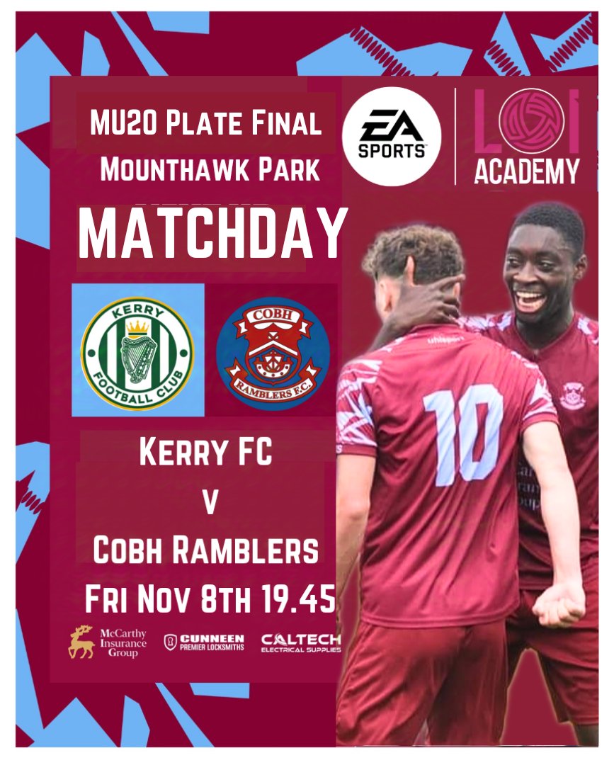 Matchday 🟣🔵
Best of luck to our MU20 team who travel to Kerry tonight in the Tier 2 Plate Final.

Come on the RAMS!!

🗓️ Friday 8th November 
🏆 EA Sports LOI Plate Final
🆚 Kerry FC
🏟️ Mounthawk Park 
🕒 Kick off 7.45pm