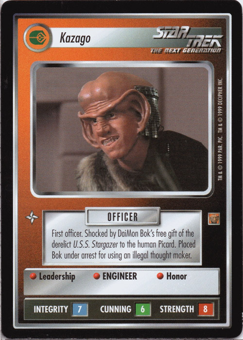 SBG/What a Card: Kazago
siskoid.blogspot.com/2024/11/what-c…
They didn't take Bok from The Battle (boo!), but we did get a Ferengi...