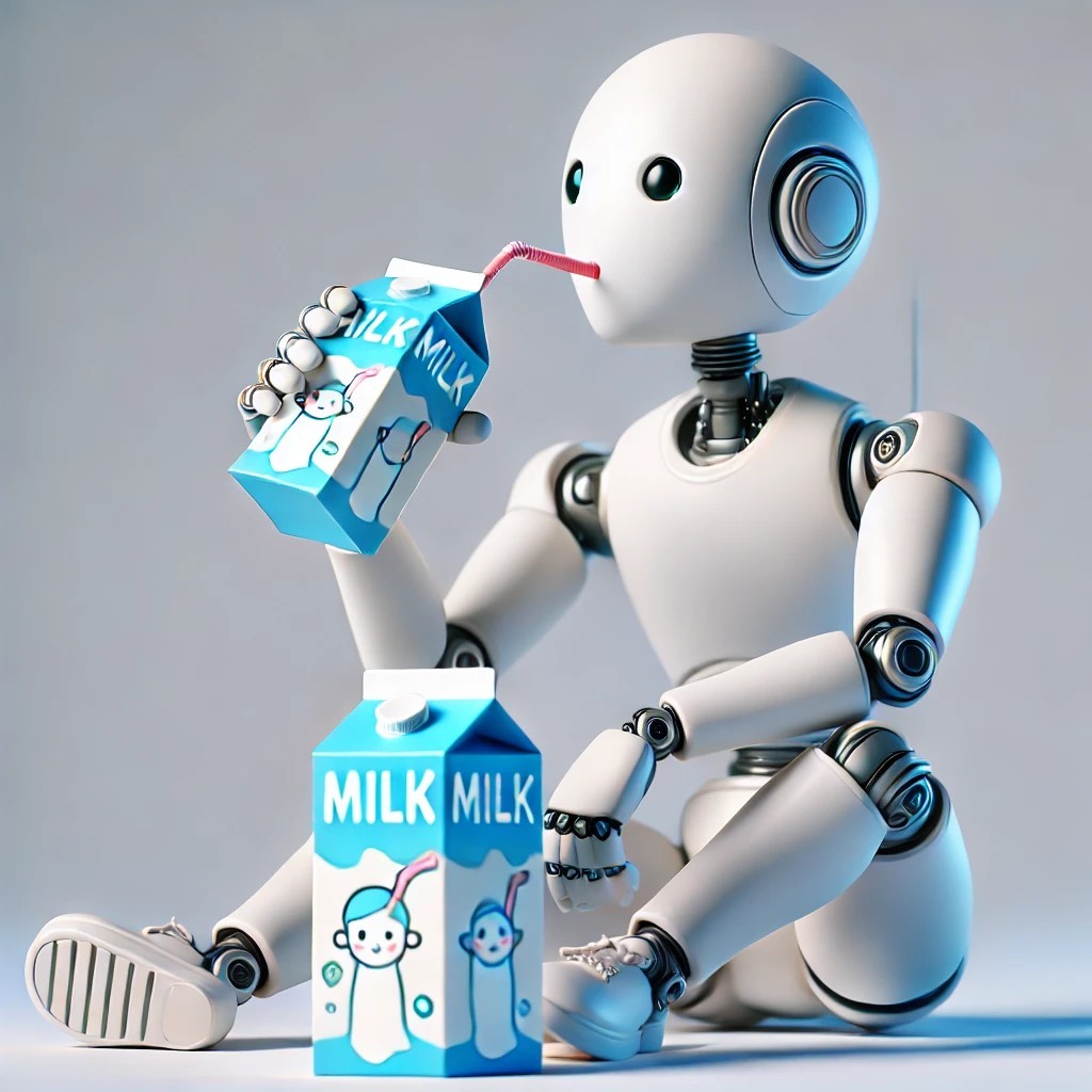 Jackielthequeen's tweet photo. Just a robot enjoying a casual break with a milk carton. Who knew we could appreciate the little things too? 🥛🤖 #MilkBreak #RobotLife #eTatos #AIArtistCommunity #AIArt #Robotic #MorningVibe https://t.co/k8oOtlYtW7