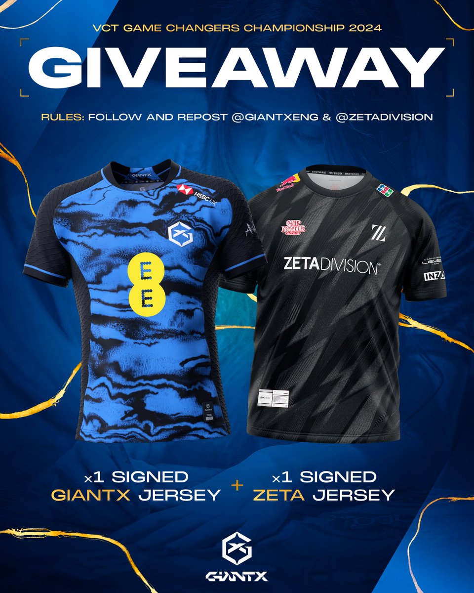 GIANTXLeague's tweet photo. ⚡GIANTX x ZETA GIVEAWAY  

We were lucky enough to meet and partner up with the @zetadivision  team to  bring you an amazing giveaway 🔥 

You could be the lucky winner of a signed jersey from either ourselves or from ZETA, signed by aco, Joliinaa, Sarah & suzu 🤯 

To Enter: 
👧Follow both @GIANTXENG & @zetadivision   
🔁Retweet this post 

Good luck and がんばれ ZETA! 💙💛

Winner picked in 24 hours! ⏳

#WeAreGIANTX #VCTGameChanger