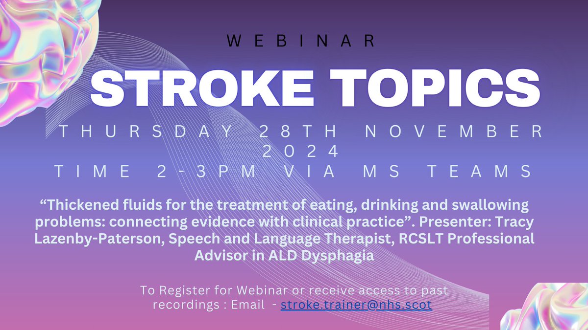 Thomas Jones (@tom75strokeed) on Twitter photo Delighted to offer our final Webinar of 2024 - to join Stroke topics please email stroke.trainer@nhs.scot - Stroke topics is free and open to all nurses and AHP's. Certificate of attendance available. Delighted to offer our final Webinar of 2024 - to join Stroke topics please email stroke.trainer@nhs.scot - Stroke topics is free and open to all nurses and AHP's. Certificate of attendance available.