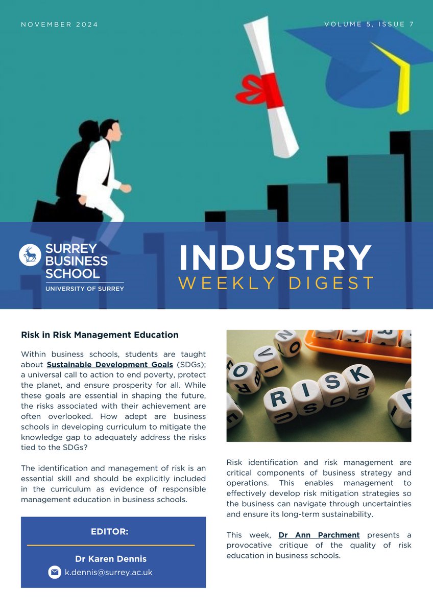 sbsatsurrey's tweet image. Business schools are expected to equip students with the essential tools to address a wide array of business challenges. In this week’s issue Dr Ann Parchment shares her views to highlight the importance risk education.
#riskeducation #riskknowledge #businessschool #graduates