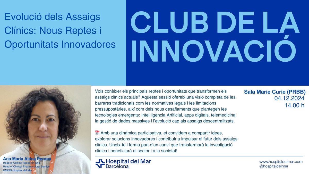 HMar_research's tweet photo. Nova edició del Club de la #Innovació
Ana Maria Aldea, coordinadora de la Unitat de Recerca Clínica @hospitaldelmar - @hmar_research
📅 4/12⏰ 14h 📍 Sala Marie Curie (@the_prbb)
Uneix-te i forma part del canvi👉 https://t.co/iU5179nOlA
#InnovaMAR https://t.co/kjvnUlMfJk