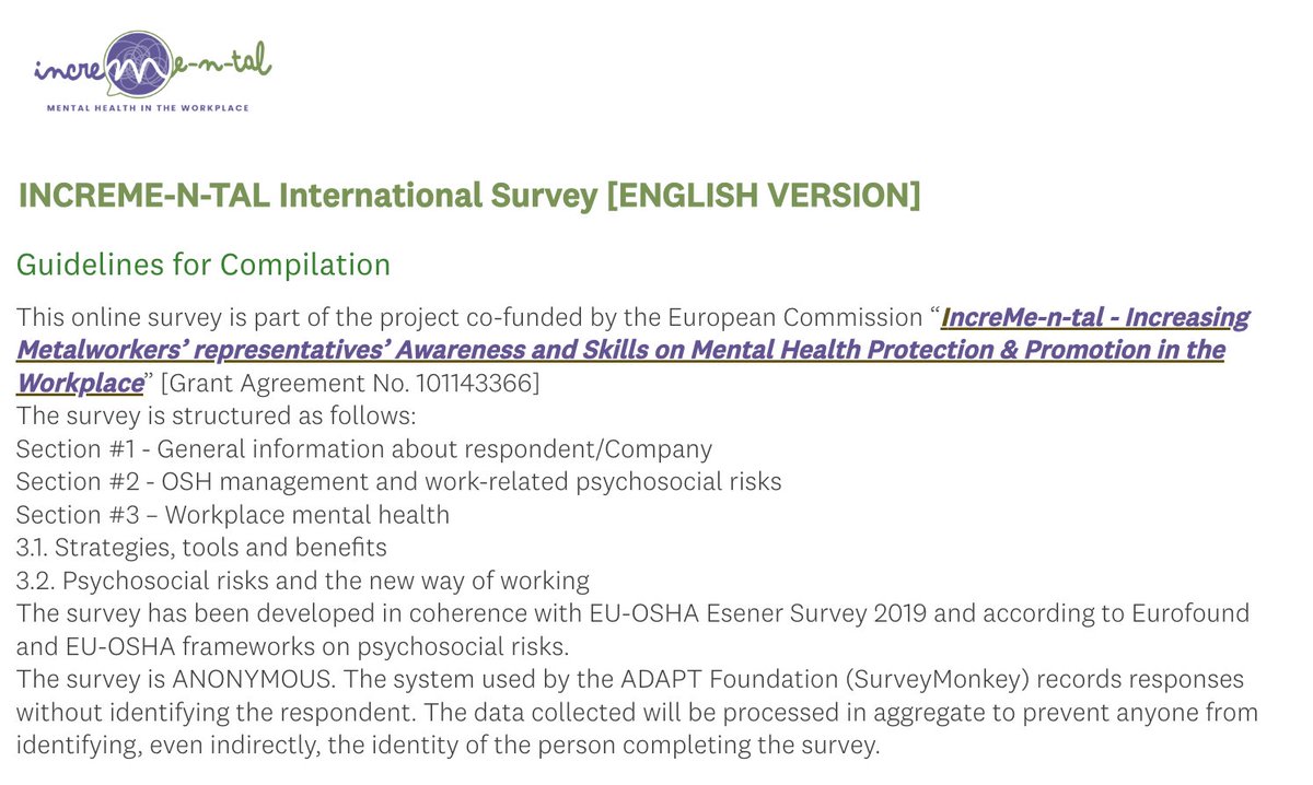 Future of Work - ADAPT (@adapt_bulletin) on Twitter photo We invite support in sharing <a href="/Increme_n_tal/">Increme(n)tal Project 🇪🇺</a>' survey on #Psychosocialrisks and #mentalhealth at #work aimed at #metalworkers in IT, IE, SK, SI, ES, BE, and TR. Participate here: it.surveymonkey.com/r/Increme_n_tal We invite support in sharing <a href="/Increme_n_tal/">Increme(n)tal Project 🇪🇺</a>' survey on #Psychosocialrisks and #mentalhealth at #work aimed at #metalworkers in IT, IE, SK, SI, ES, BE, and TR. Participate here: it.surveymonkey.com/r/Increme_n_tal