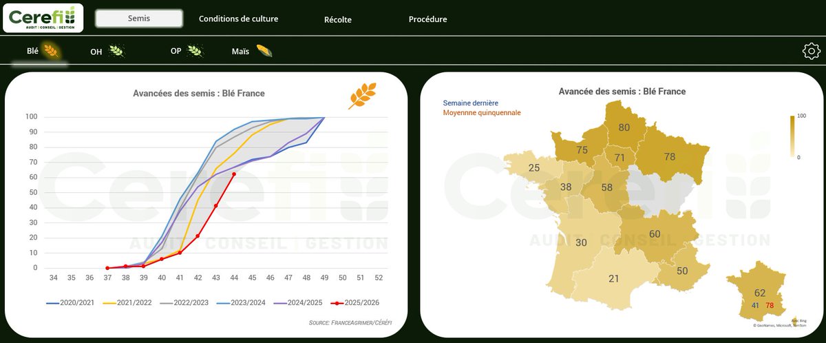 🌾🇫🇷 Semis - Blé :

Les inquiétudes des producteurs se sont apaisées grâce à l'accélération des travaux, permettant de rattraper une partie des retards accumulés. 

Les semis couvrent désormais 62 % des surfaces, bien qu'ils restent en deçà de la moyenne quinquennale de 78 %.