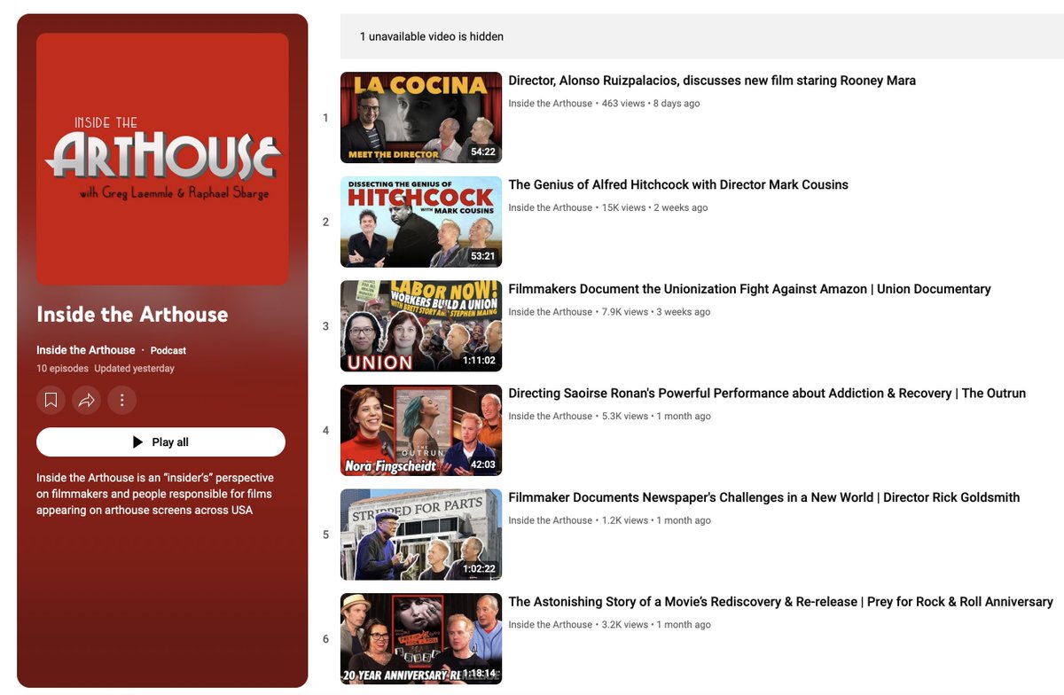 New arthouse films podcast <a href="/Inside_Arthouse/">Inside the Arthouse</a> has 8 eps out now (each at 1 hour or so length) and over 60,000 views - woo-hoo! Check out the eps here - youtube.com/playlist?list=…