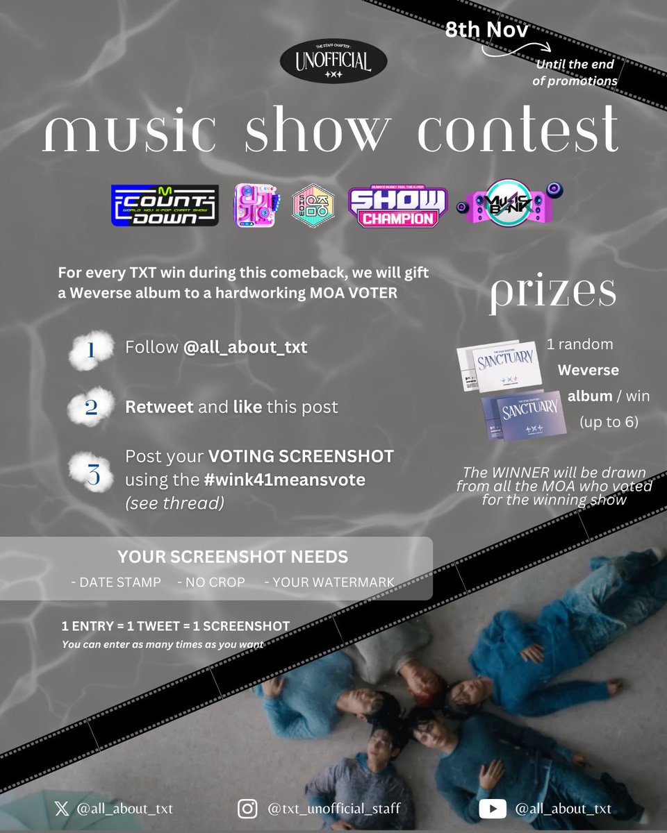 all_about_txt's tweet photo. 📢 Music Shows Voting Contest 🌙✨

Let’s come together to help #TXT_OverTheMoon snag every trophy! 🏆🏆🏆🏆🏆 Every win means a chance to win a #SANCTUARY WEVERSE ALBUM! 👏

How to Enter: ⬇️
1. Drop your voting screenshot using #wink41meansvote
2. Follow us, like, and retweet this post

⚠️ Reminder: Make sure your screenshot has a date stamp and watermark~no cropping, please!

TXT can only count on MOA! Let’s do this! 🫶

#TOMORROW_X_TOGETHER
#SANCTUARY #MOAisONE