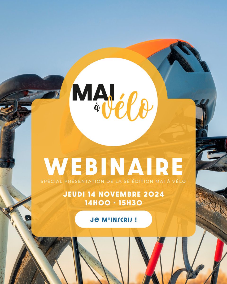 J-6 avant notre 1er webinaire Mai à Vélo ! Rejoignez-nous le 14/11 à 14h pour découvrir le dispositif, les outils, et les retours d’expérience. Aussi au programme : challenges Geovelo, et Q&amp;A pour préparer vos événements vélo. Pour s'inscrire events.teams.microsoft.com/event/b93524f9…