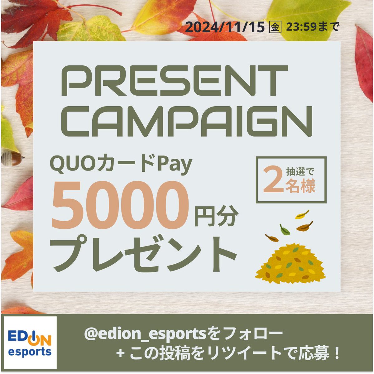edion_esports's tweet photo. ／
今月は3週連続！ #プレゼントキャンペーン開催 ！
＼

フォロー&amp;リポストで #QuoカードPay 5,000円分を
抽選で2名様にプレゼント🍠

🔹応募
@edion_esports をフォロー
この投稿をリポスト

🔹締切
11月15日(金) 23:59

この機会逃すべからず！！

#エディオンeスポーツ https://t.co/BLn94JB8Y2