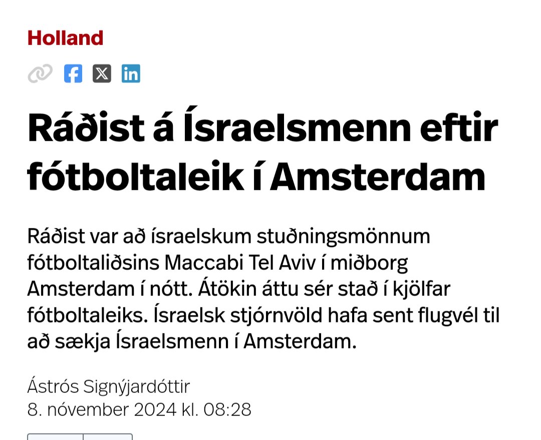 Hvernig væri nú bara að segja sannleikann, af hverju var ráðist á þá? Ekkert nema ögranir, rífa niður fána,ljótir söngvar og virtu ekki 1mín þögn fyrir fórnarlömb flóðanna í Valencia.
Af hverju er ekki búið að sparka Ísrael úr þessum keppnum eins og Rússum?