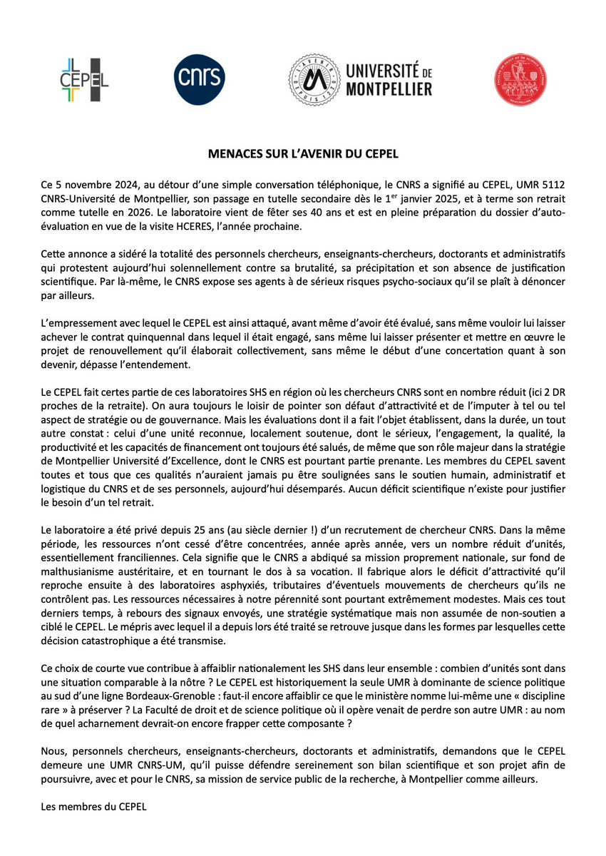 🔴 COMMUNIQUÉ <a href="/CEPEL_UM/">CEPEL</a> "Menaces sur l'avenir du CEPEL" ⤵️

Incompréhensible et inacceptable désengagement du <a href="/CNRS/">CNRS 🌍</a>. Soutien total aux équipes du laboratoire, partenaire institutionnel de l'AFSP &amp; pilier historique du développement de la #sciencepolitique dans le Sud de la France