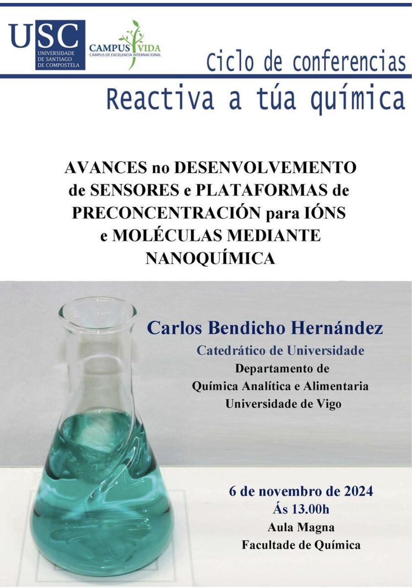 QA2_UVigo's tweet photo. Last November 6th, Professor Carlos Bendicho Hernández from our QA2 group gave a lecture at the University of Santiago de Compostela (@UniversidadeUSC ) as part of the lecture series "Reactiva a túa química"
Many thanks to the USC for allowing us to participate in this initiative https://t.co/rI0K1cu1s6
