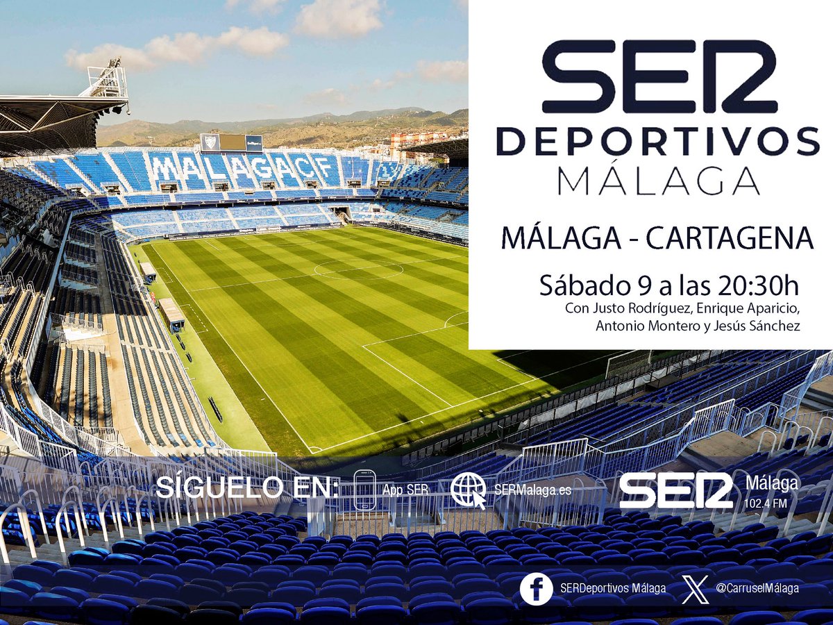 SerDeportivosMálaga (@carruselmalaga) on Twitter photo Este sábado <a href="/Carruselmalaga/">SerDeportivosMálaga</a>
🗓️ A las 20:30 h
⚽️ <a href="/MalagaCF/">Málaga CF</a> <a href="/FCCartagena_efs/">FC Cartagena</a>
📡 En directo #LaLigaHypermotion:
📻 SER+ Málaga 102.4 FM
📱 APP de <a href="/La_SER/">Cadena SER</a>
💻 sermalaga.es con <a href="/justoSER/">Justo Rodríguez</a>, <a href="/EApariciog/">Enrique Aparicio</a>, Antonio Montero y <a href="/jesussanchez_40/">Jesús Sánchez</a> Este sábado <a href="/Carruselmalaga/">SerDeportivosMálaga</a>
🗓️ A las 20:30 h
⚽️ <a href="/MalagaCF/">Málaga CF</a> <a href="/FCCartagena_efs/">FC Cartagena</a>
📡 En directo #LaLigaHypermotion:
📻 SER+ Málaga 102.4 FM
📱 APP de <a href="/La_SER/">Cadena SER</a>
💻 sermalaga.es con <a href="/justoSER/">Justo Rodríguez</a>, <a href="/EApariciog/">Enrique Aparicio</a>, Antonio Montero y <a href="/jesussanchez_40/">Jesús Sánchez</a>