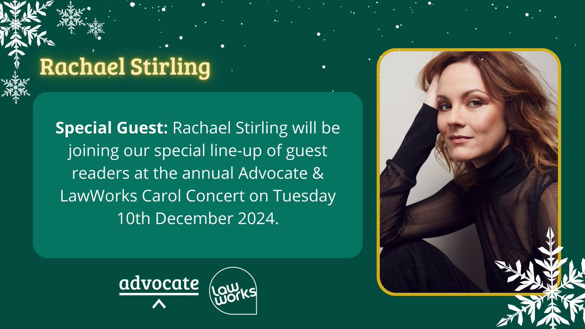 ✨ SPECIAL GUEST ✨

Film and television actress RACHAEL STIRLING will be one of our guest readers at our Advocate &amp; <a href="/Law_Works/">LawWorks</a> Carol Concert taking place on Tuesday 10 December! 🎄🎶

Grab your tickets now before they sell out! 
➡️ bit.ly/Carols4ProBono…

#Carols4ProBono