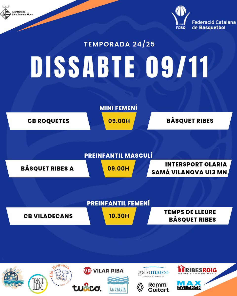 BasquetRibes's tweet photo. 📅 Agenda de partits d'aquest cap de setmana.
#basquetribes #adnribes #spribes #esportribeta
@santperederibes @REMMGUITART @tuandco_ @VilarRiba @Maxcolchon @Ribesroig @TempsdeLleure1
@CBSama @CBViladecans @CB_Martorell @AEBDimonis #uesubirats #basquetsantpere https://t.co/GskoWYIYsz