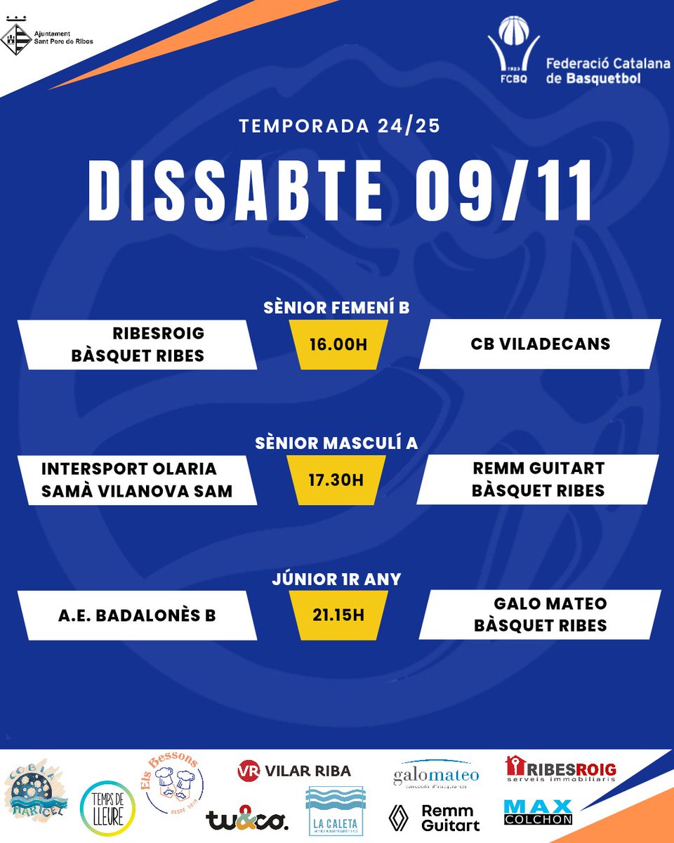 BasquetRibes's tweet photo. 📅 Agenda de partits d'aquest cap de setmana.
#basquetribes #adnribes #spribes #esportribeta
@santperederibes @REMMGUITART @tuandco_ @VilarRiba @Maxcolchon @Ribesroig @TempsdeLleure1
@CBSama @CBViladecans @CB_Martorell @AEBDimonis #uesubirats #basquetsantpere https://t.co/GskoWYIYsz