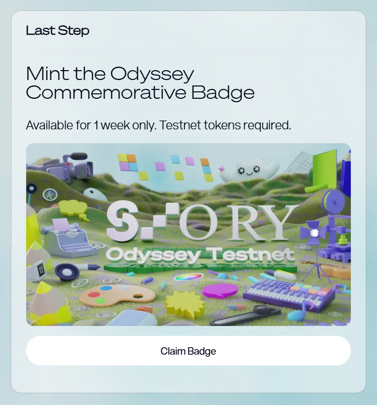 Mint: <a href="/StoryProtocol/">Story</a> Odyssey Testnet Commemorative IP Asset
👉 mint.story.foundation
(มีเวลา 1 สัปดาห์ในการมินต์)

การจะมินต์ได้ต้องมีเหรียญ $IP testnet
ขอ faucet 👉 faucet.story.foundation

การจะขอ faucet ได้ ต้องมี Gitcoin Passport > 20
เพิ่มแต้มที่ 👉 passport.gitcoin.co