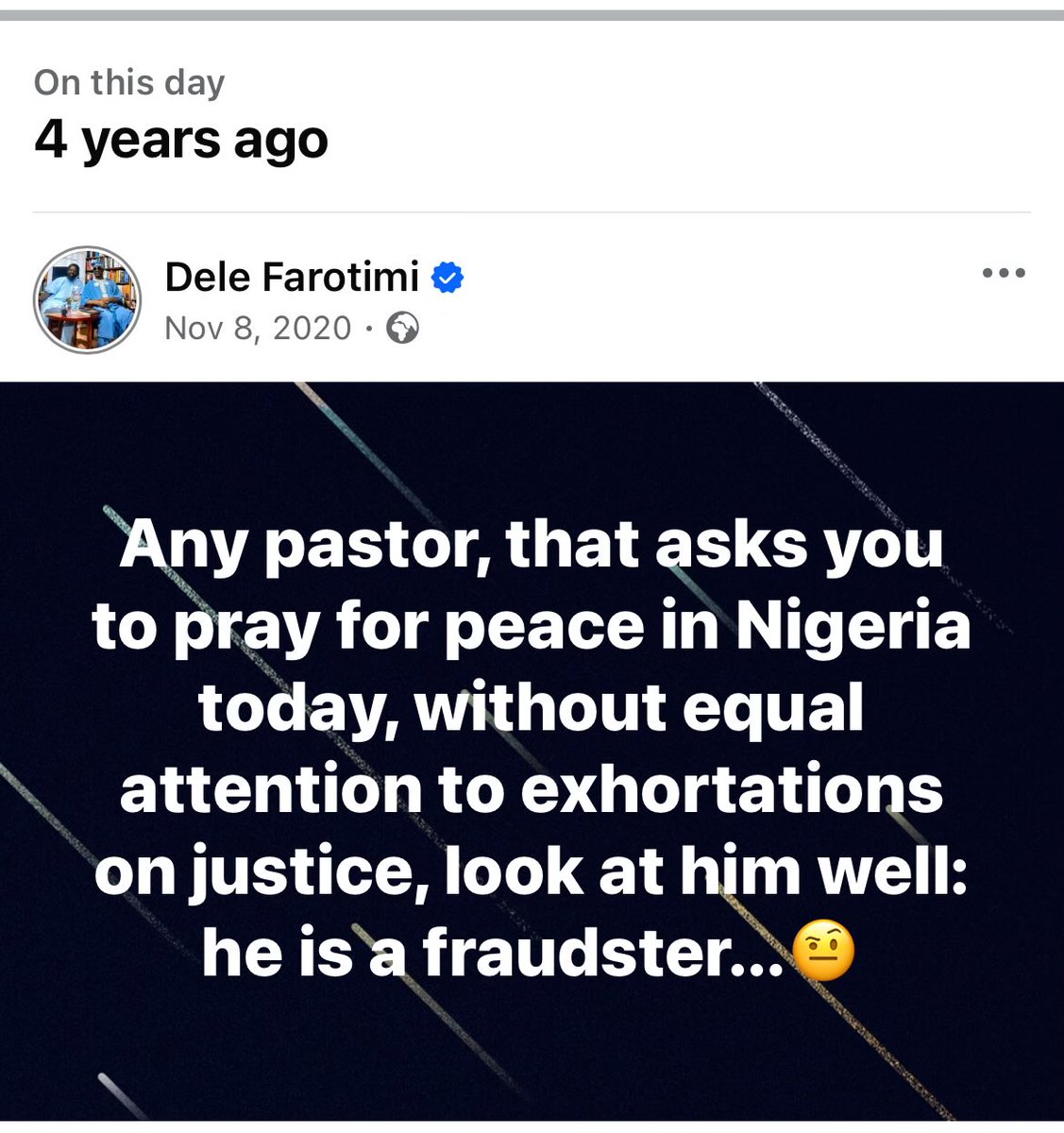 DeleFarotimi's tweet photo. Any pastor, that asks you to pray for peace in Nigeria today, without equal attention to exhortations on justice, look at him well: he is a fraudster...🤨 https://t.co/sAwB5CS6Dg