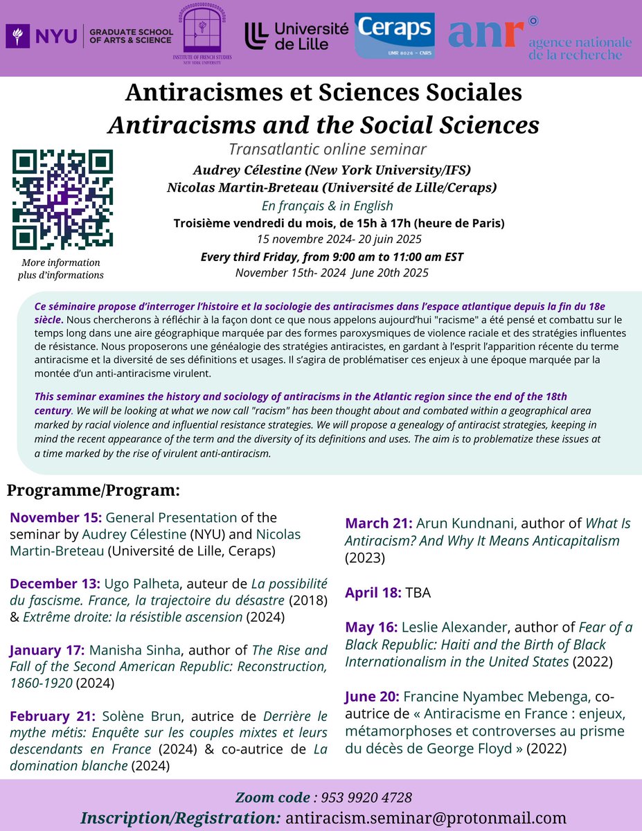 Nicolas Martin-Breteau (@nmartinbreteau) on Twitter photo 📢𝗔𝗻𝗻𝗼𝗻𝗰𝗲🪧J'ai le plaisir de vous annoncer le lancement du séminaire transatlantique en ligne "Antiracismes et sciences sociales", que je coordonne avec <a href="/audreycelestine/">Audrey Célestine</a>. La première séance aura lieu vendredi 15 novembre de 15h à 17h (heure de Paris). See you there! 📢𝗔𝗻𝗻𝗼𝗻𝗰𝗲🪧J'ai le plaisir de vous annoncer le lancement du séminaire transatlantique en ligne "Antiracismes et sciences sociales", que je coordonne avec <a href="/audreycelestine/">Audrey Célestine</a>. La première séance aura lieu vendredi 15 novembre de 15h à 17h (heure de Paris). See you there!