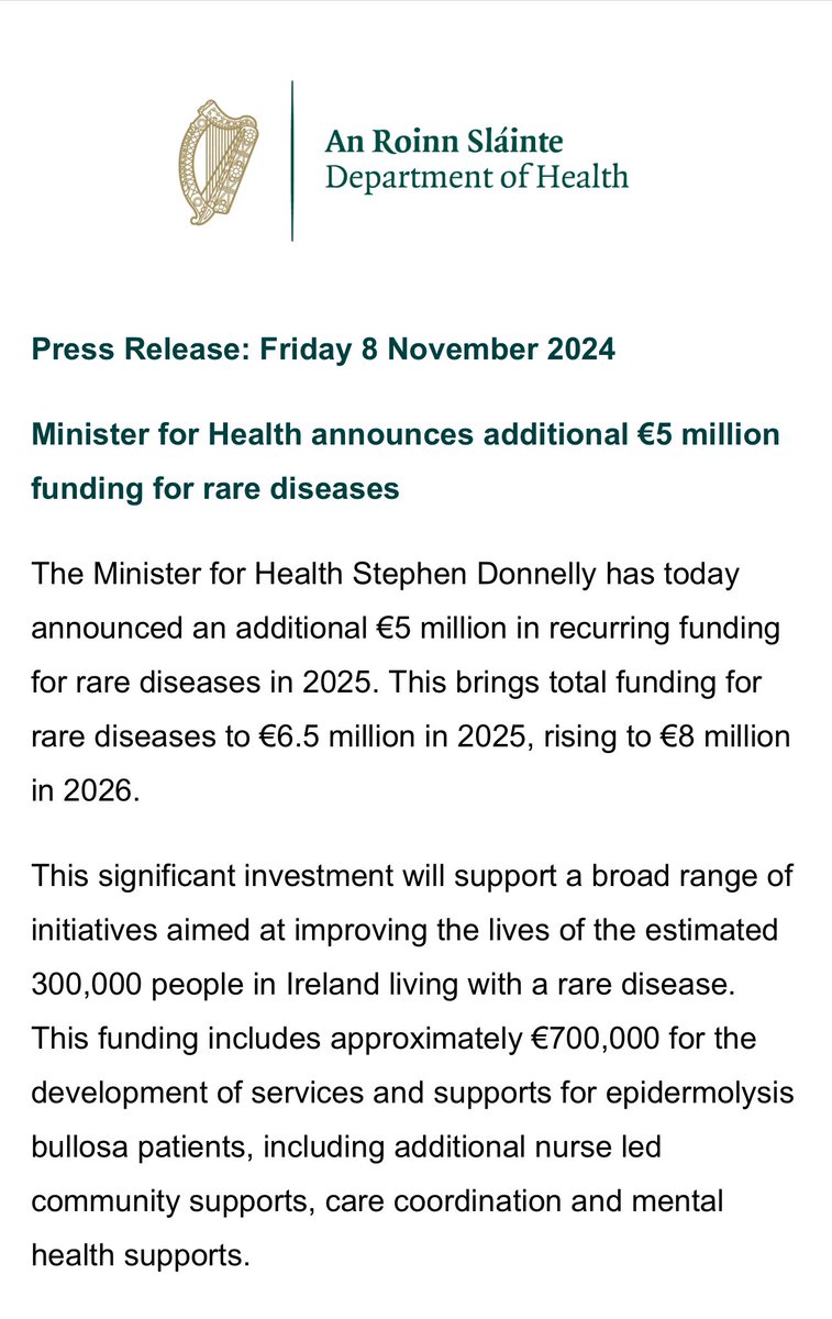 Stephen Donnelly (@donnellystephen) on Twitter photo Pleased to announce an additional €5 million in permanent funding for rare diseases in Ireland. My thanks to <a href="/RareDiseasesIE/">Rare Diseases Ireland</a> <a href="/debraireland/">Debra - The Butterfly Skin Charity</a> and many more organisations for their engagement on this issue over the past number of years Pleased to announce an additional €5 million in permanent funding for rare diseases in Ireland. My thanks to <a href="/RareDiseasesIE/">Rare Diseases Ireland</a> <a href="/debraireland/">Debra - The Butterfly Skin Charity</a> and many more organisations for their engagement on this issue over the past number of years