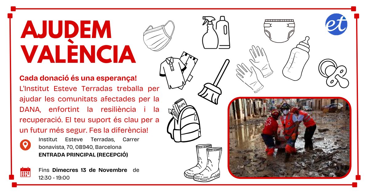 El grup  DAS2, està organitzant una donació que es realitzarà a l'institut promoguda pel professorat.
La infografia aborda el tema  "Suport amb València".
La seva difusió és de gran valor per a la nostra comunitat educativa i una humil manera de contribuir per ajudar a VALÈNCIA!!