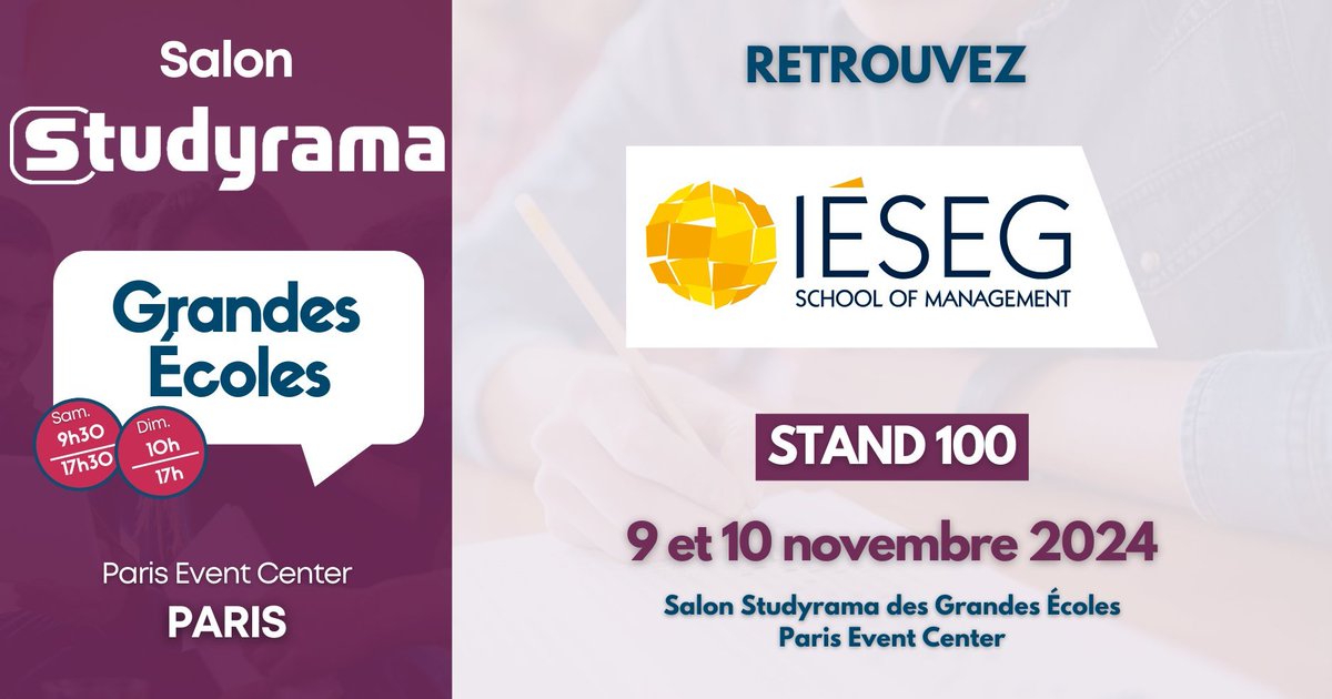 Venez nous rencontrer au #salon <a href="/studyrama/">Studyrama</a> des Grandes Ecoles à #Paris ! 
 
📅 Samedi 9 et dimanche 10 novembre 2024

📌Paris Event Center

🔗studyrama.com/salons/salon-s…

#VisitIESEG #PGE #GrandeEcole