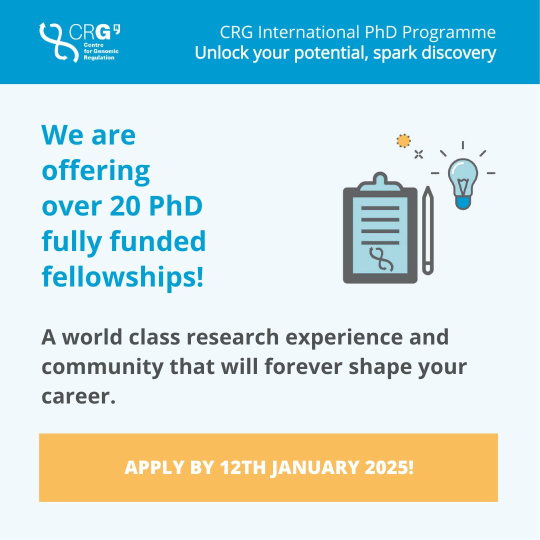 CRGenomica's tweet photo. 🚨 Apply for a PhD at CRG 🚨

🧬We are a center with international teams representing a broad range of disciplines, with first-class core technologies, seminars by high-profile invited speakers, and courses on complementary and transferable skills.

🔗https://t.co/PHTgtWW5qh

Scroll down to learn more about our over 20 fully funded PhD fellowships 👇🏾👇🏾👇🏾