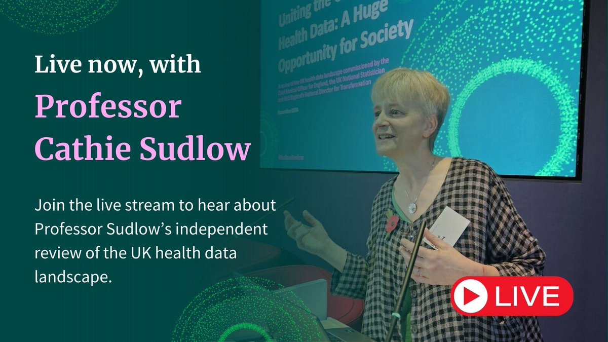 🎥 We’re live with Professor Cathie Sudlow for today’s launch of the #SudlowReview!

Join online to hear more about Cathie’s review of the UK health data landscape, its key findings and the five recommendations for system-wide reform.

🔴 Watch live now: hubs.li/Q02XtK-h0