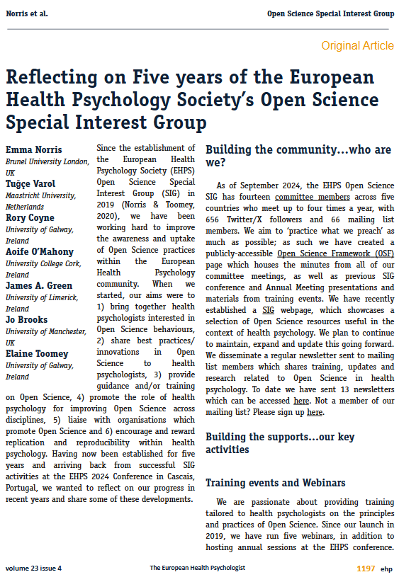 The European Health Psychologist Magazine (@ehpmagazine) on Twitter photo Did you know that the <a href="/EHPS_OS_SIG/">EHPS Open Science SIG</a> has been around for 5 years already? In the current issue of the EHP, Norris and colleagues reflect on what the SIG has done, and introduces us to some plans for the future!
Curious? Full report here: doi.org/10.62696/x3jq1⦠#OpenScience Did you know that the <a href="/EHPS_OS_SIG/">EHPS Open Science SIG</a> has been around for 5 years already? In the current issue of the EHP, Norris and colleagues reflect on what the SIG has done, and introduces us to some plans for the future!
Curious? Full report here: doi.org/10.62696/x3jq1⦠#OpenScience