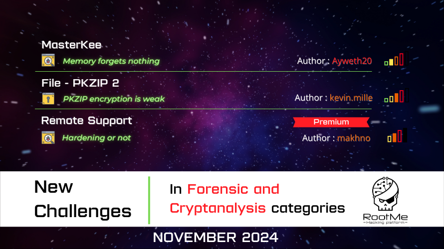 rootme_org's tweet photo. Need new challenges to boost your Forensic and Cryptanalysis skills? 3 new challenges are now available! 👉 https://t.co/yBGycCTMmk

Thanks to the authors: @Ayweth20 , @m4khno_ , and #kevinmille 🙏

#RootMe