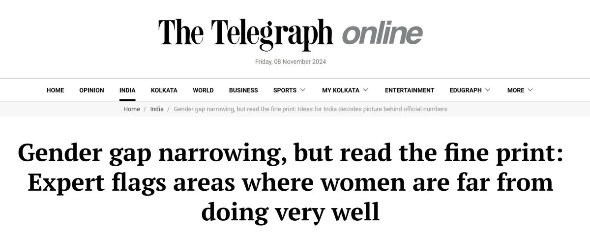 Ideas for India (@ideas4india) on Twitter photo A recent <a href="/ttindia/">The Telegraph</a> article borrows from an I4I synthesis by <a href="/NikitaWhoWrites/">Nikita</a> to discuss the flip side of reducing gender gaps
The article cites studies by <a href="/diva_dhar/">Diva Dhar</a>, <a href="/karansinghal93/">Karan Singhal</a> & <a href="/upasak_das/">Upasak Das</a>, and <a href="/sohamsahoo/">Soham Sahoo</a>, among others
Read the original here: bit.ly/4hEleiY A recent <a href="/ttindia/">The Telegraph</a> article borrows from an I4I synthesis by <a href="/NikitaWhoWrites/">Nikita</a> to discuss the flip side of reducing gender gaps
The article cites studies by <a href="/diva_dhar/">Diva Dhar</a>, <a href="/karansinghal93/">Karan Singhal</a> & <a href="/upasak_das/">Upasak Das</a>, and <a href="/sohamsahoo/">Soham Sahoo</a>, among others
Read the original here: bit.ly/4hEleiY
