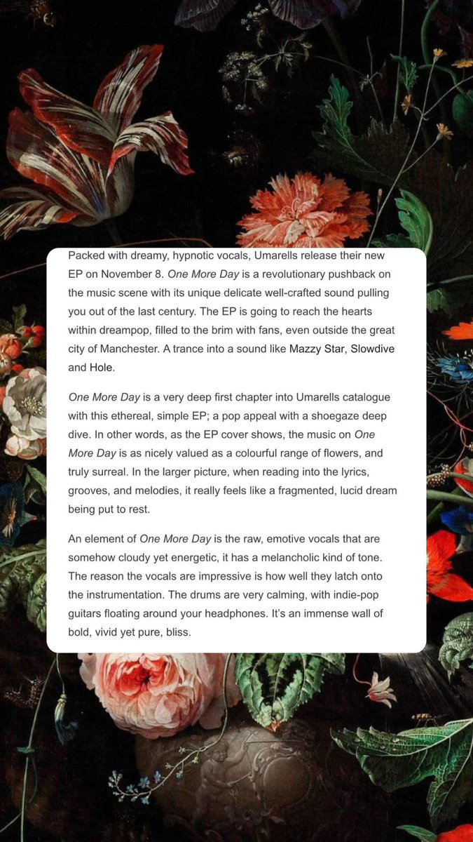 umarells (@umarellsband) on Twitter photo our debut EP “one more day” is out now !!!
big thanks to tom <a href="/fomorecords/">fearofmissingoutrecs</a> for putting this out there <3
also thank u to <a href="/alex_greaves/">Alex Greaves</a> for mixing, Timothy Stollenwork for mastering and Adam Gorman for engineering on the record x our debut EP “one more day” is out now !!!
big thanks to tom <a href="/fomorecords/">fearofmissingoutrecs</a> for putting this out there <3
also thank u to <a href="/alex_greaves/">Alex Greaves</a> for mixing, Timothy Stollenwork for mastering and Adam Gorman for engineering on the record x