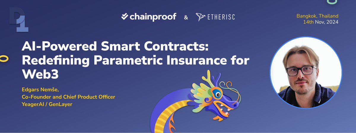 d1conf's tweet photo. 🔥 AI-Powered Smart Contracts with Edgars Nemše from YeagerAI/GenLayer! Learn how #AI is transforming parametric insurance in #DeFi. You won’t want to miss this! 📅 November 14 — Get your ticket ➡️ https://t.co/Et3LCxmKU0 https://t.co/lobgqxWHwm