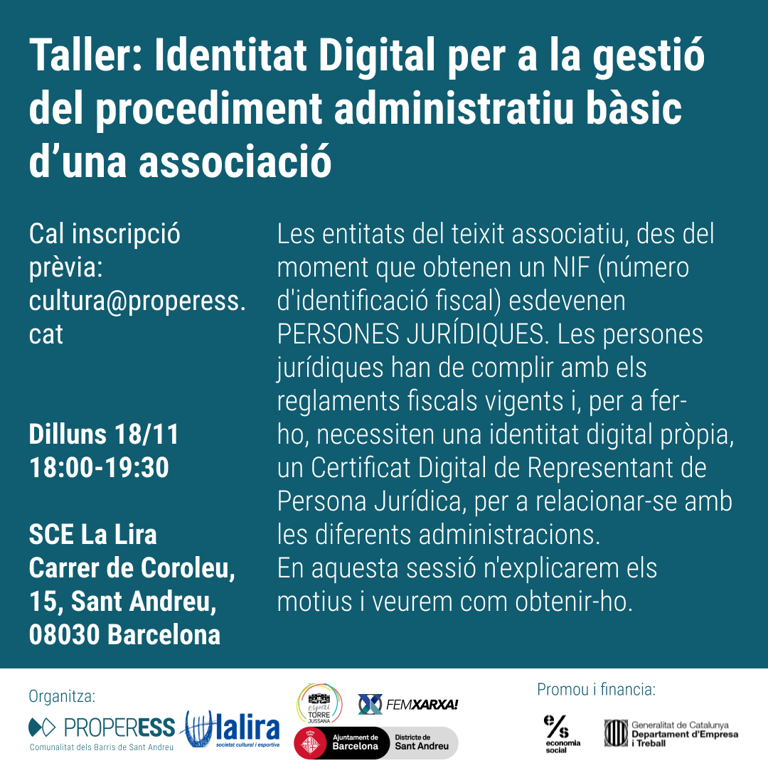 Identitat Digital per a la gestió del procediment administratiu bàsic d’una associació, coorganitzat amb la <a href="/SCELaLira/">La Lira</a>!

Explicarem perquè cal que una una identitat digital pròpia i com aconseguir-la.

📩 infolalira@gmail.com o cultura@properess.cat o trucant al 693 00 47 36.