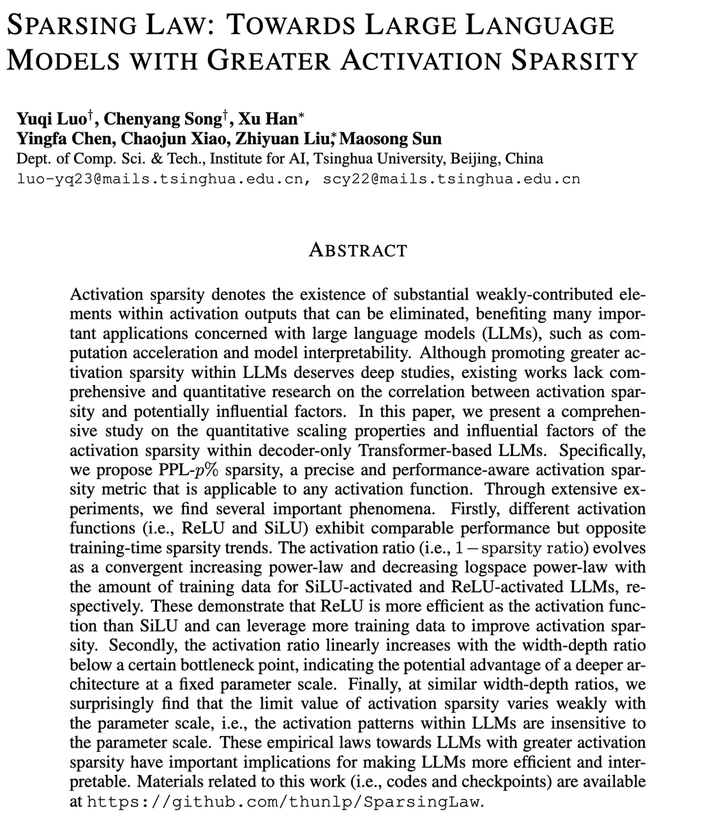 (Repost) We are thrilled to introduce our new work 🔥#SparsingLaw🔥, a comprehensive study on the quantitative scaling properties and influential factors of the activation sparsity within LLMs.💪

📎Arxiv: arxiv.org/pdf/2411.02335
📎Codes: github.com/thunlp/Sparsin…

🧵1