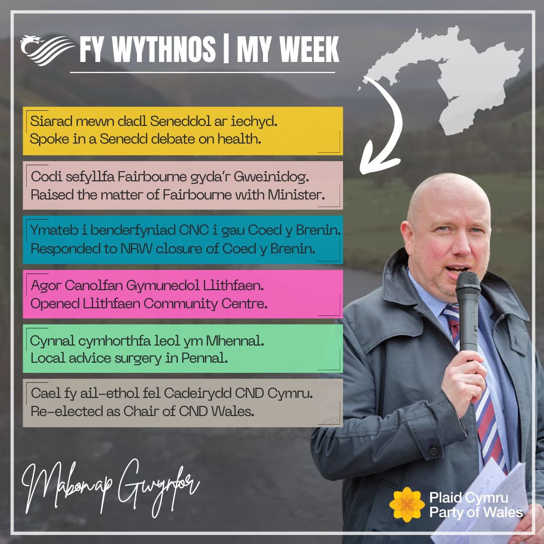 mabonapgwynfor's tweet image. 📆 Weekly Roundup ⬇️

🏥 Spoke in a Senedd debate on health 
🌊 Questioned Minister on #Fairbourne 
🚵🏻 Responded to closure of Coed y Brenin
✂️ Opened #Llithfaen Community Centre 
✍🏻 Dealt with constituency casework
🤝 Held local surgery in #Pennal
☢️ Re-elected Wales #CND Chair