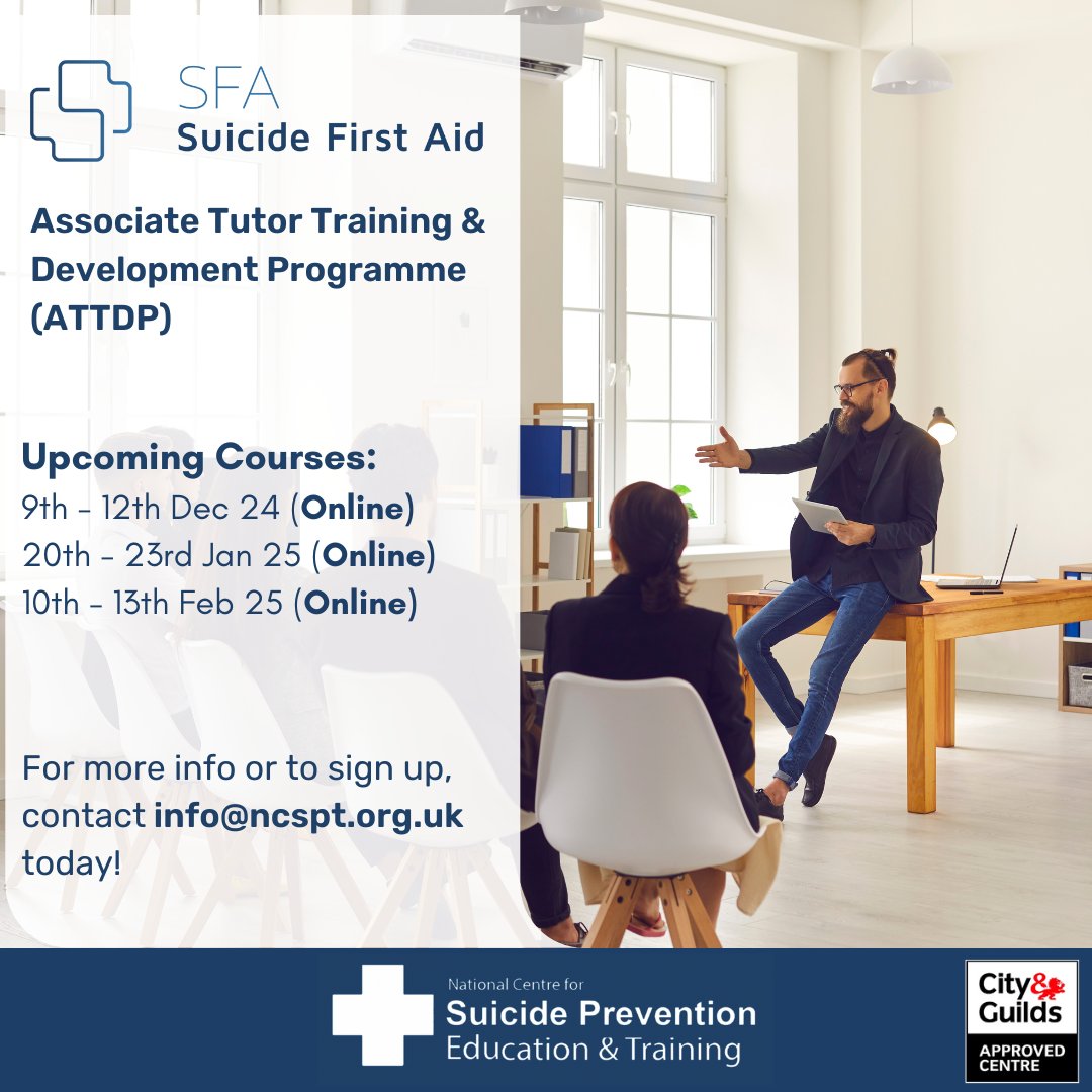 NCSPET_UK's tweet image. 📢 Spaces Still Available:
9th - 12th December 2024
20th - 23rd January 2025
10th - 13th February 2025
(All online via Zoom)

To learn more about this course or apply, please contact info@ncspt.org.uk today!
#suicideprevention #tutortraining #mentalhealth #mentalhealthmatters