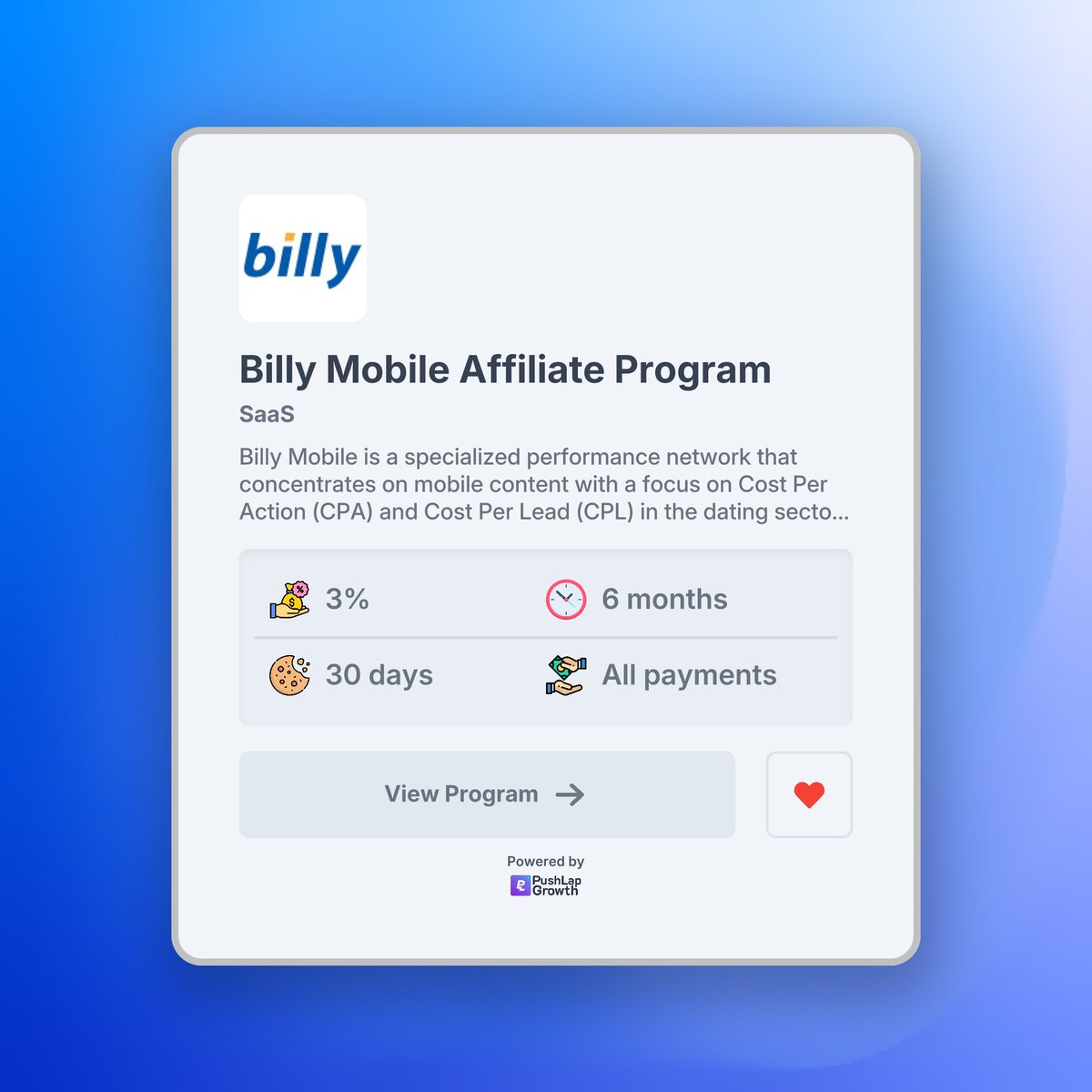 ayo_blvd's tweet photo. ✨ Check out the Billy Mobile Affiliate Program on Push Lap Growth!

Billy Mobile is a performance network that specializes in mobile content within the dating sector, offering affiliate programs focused on Cost Per Action (CPA) and Cost Per Lead (CPL) for those looking to supplement their income.

With their Affiliate Program, you can earn up to 3% on sales with a fantastic 30-day cookie duration.

Join now: https://t.co/9y8Wgi0Xr9 

Create, manage, track and find affiliates for your affiliate program with Push Lap Growth! https://t.co/nMn2t27iR9